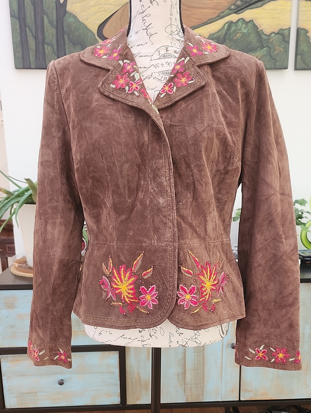 Margaret Godfrey Vintage Brown Suede Leather Embroidered Blazer